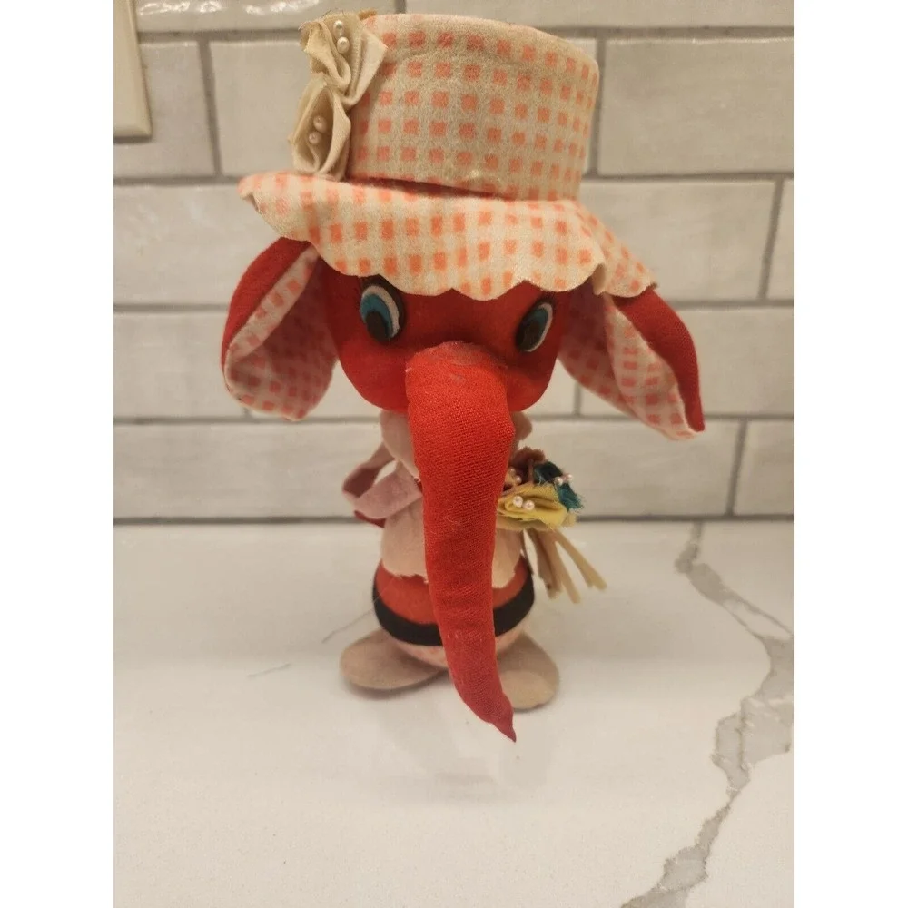 Vintage Styrofoam Felt‎ Red Elephant Poseable Ears Pink Hat Holding Flowers